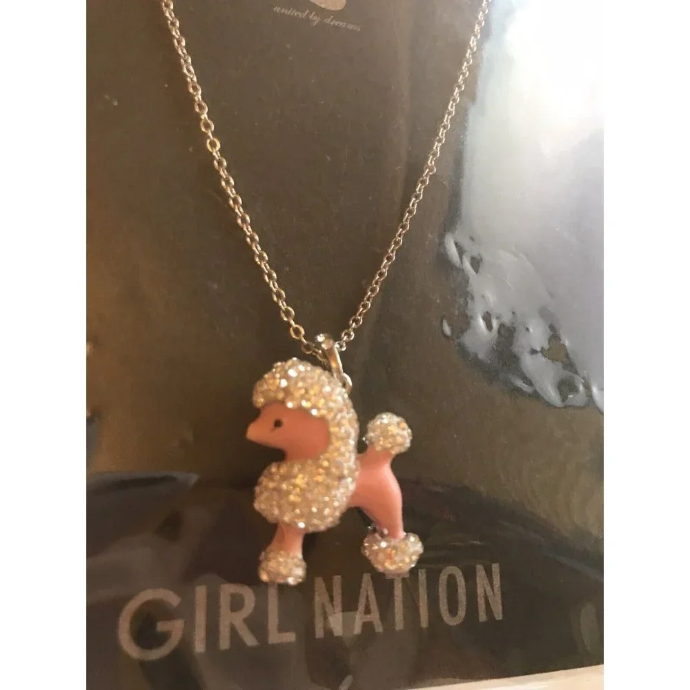 Girl Nation Enamel Child Necklace 14K Gold Plated BLING Shiny Crystal Poodle